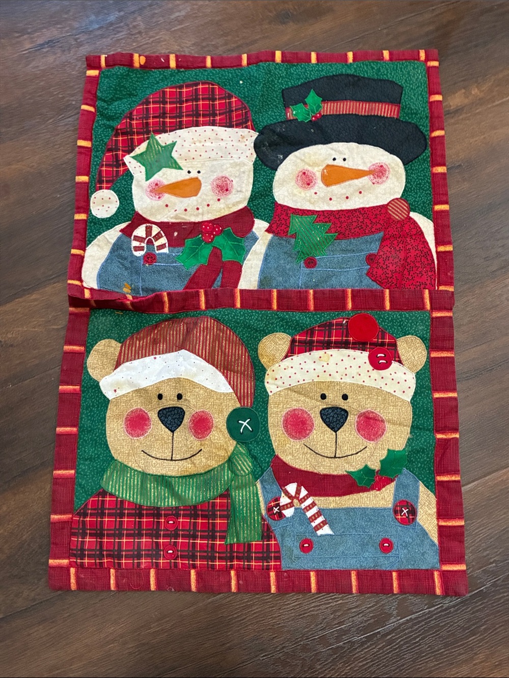 2 Vintage Christmas Holiday Snowman and Bear Quilted table mats placemats
